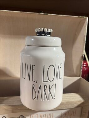Rae Dunn White Ceramic "LIVE, LOVE, BARK!" Treat Jar with Black Lettering